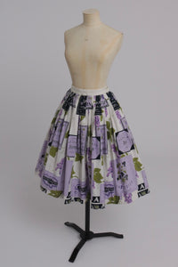 Vintage 1950s 1958 original Sportaville Wine labels grape novelty print cotton skirt UK 6 US 2 XS