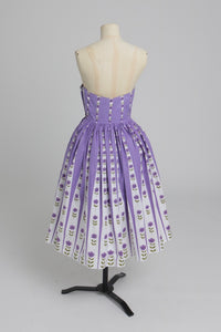 Vintage 1950s original Sambo fashions floral print purple cotton dress UK 6 8 XS S