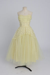 Vintage 1950s original lemon yellow lace and net cocktail dress UK 6 XS