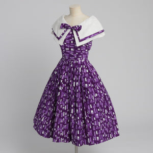 Vintage 1950s original novelty brushstroke print cotton dress with huge shawl collar UK 8 US 4 XS S