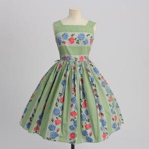 Vintage 1950s original floral print cotton stripe dress by St Michael Marks and Spencer UK 8 US 4 S