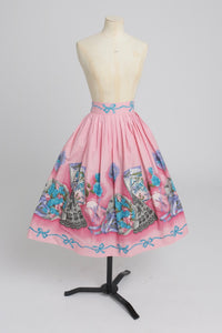 Vintage 1950s original novelty border print pink cotton skirt UK 10 S