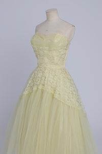 Vintage 1950s original lemon yellow lace and net cocktail dress UK 6 XS