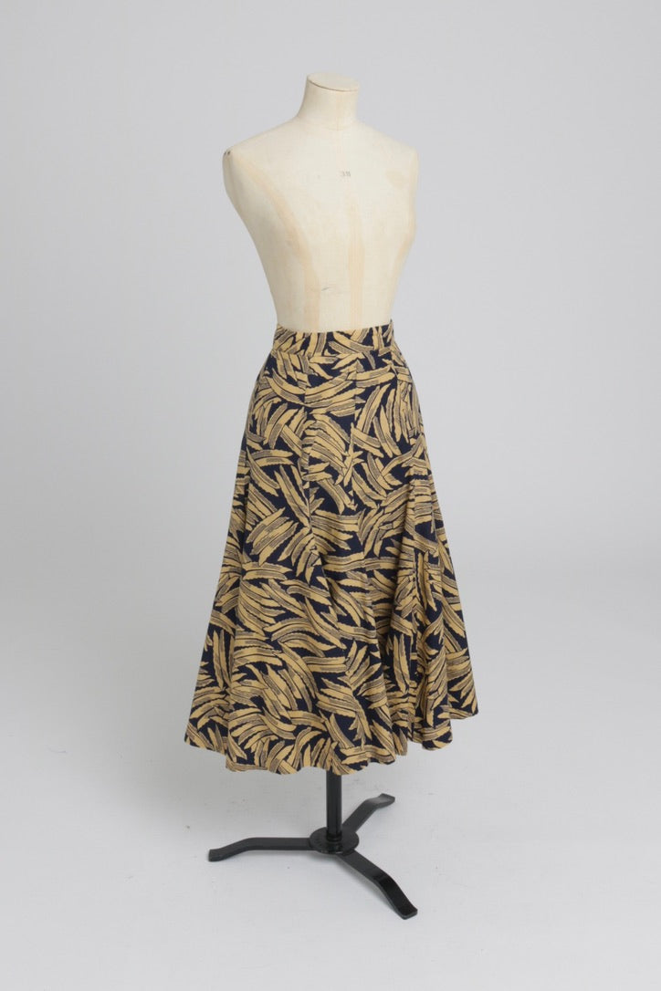 Vintage 1970s original navy blue cotton banana leaf print Biba skirt UK 6 US 2 XS