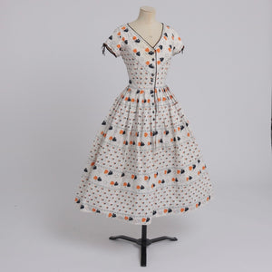Vintage 1950s original novelty orange rose print cotton dress by Blanes UK 8 10 US 4 6 S