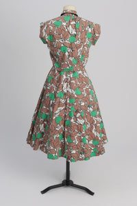 Vintage 1950s original green and brown fruit print cotton dress and matching bolero UK 6 8 US 2 4 XS S