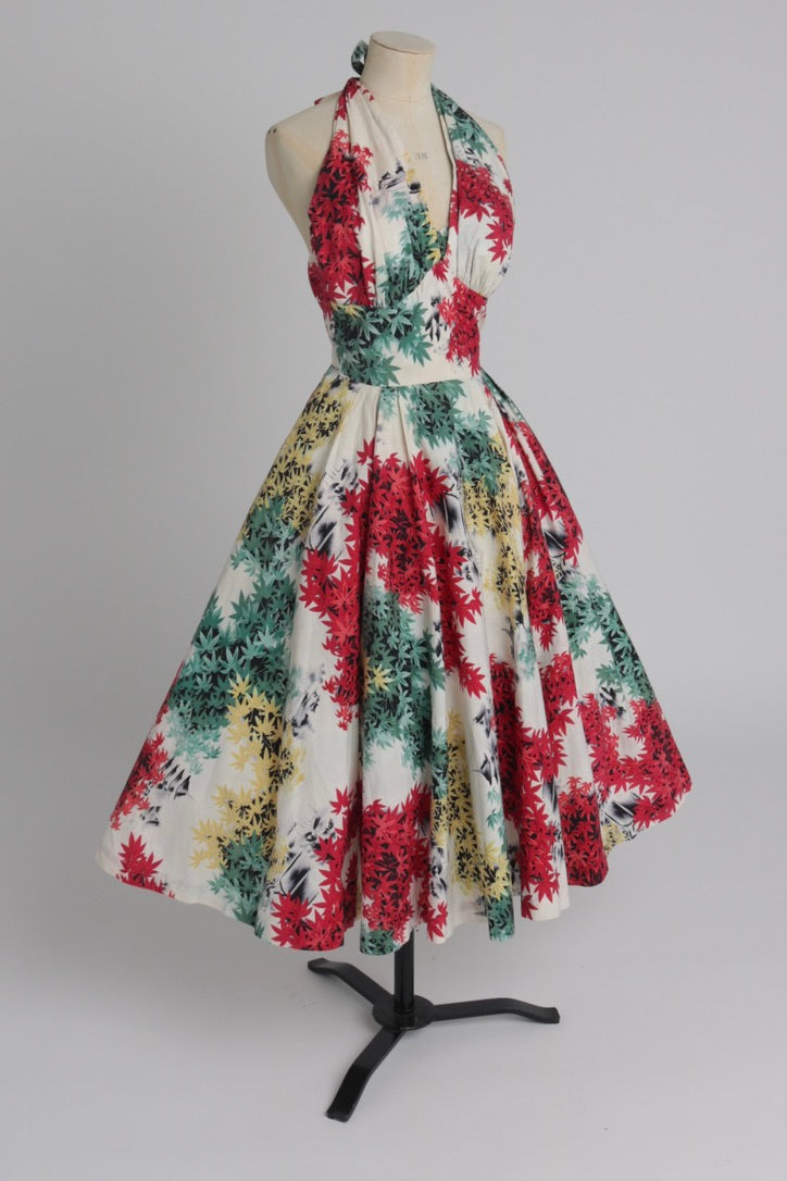 Vintage 1950s original Japanese leaf print cotton dress UK 6 XS
