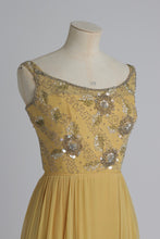 Load image into Gallery viewer, Vintage 1960s original buttercup yellow Malcolm Starr dress with beaded bodice UK 6 8 XS
