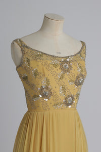 Vintage 1960s original buttercup yellow Malcolm Starr dress with beaded bodice UK 6 8 XS