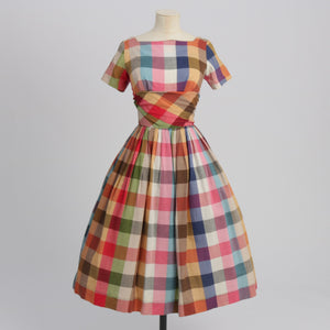 Vintage 1950s original check plaid cotton dress by Carol Rodgers UK 6 US 2 XS