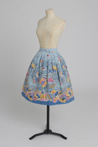 Vintage 1950s original novelty travel label print cotton skirt UK 8 S