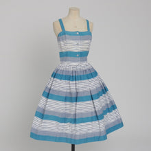 Load image into Gallery viewer, Vintage 1950s original blue and grey seaside stripe Horrockses fashions cotton dress and bolero UK 6 US 2 XS
