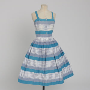 Vintage 1950s original blue and grey seaside stripe Horrockses fashions cotton dress and bolero UK 6 US 2 XS