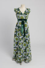 Load image into Gallery viewer, Vintage 1970s original Quad floral print cotton voile maxi dress with velvet details UK 8 US 4 S

