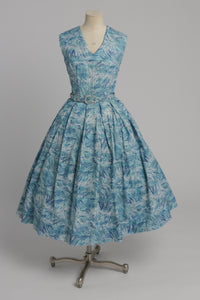 Vintage 1950s original blue fern feather leaf type print cotton dress with full skirt UK 6 8 US 2 4 XS S