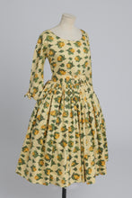 Load image into Gallery viewer, Vintage 1950s yellow rose print cotton dress with 3/4 length sleeves UK 8 S
