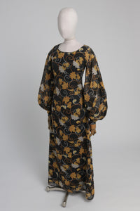 Vintage 1970s original black cotton blend maxi dress w balloon sleeves by Shelana XS S