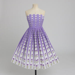 Vintage 1950s original Sambo fashions floral print purple cotton dress UK 6 8 XS S