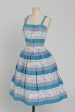 Load image into Gallery viewer, Vintage 1950s original blue and grey seaside stripe Horrockses fashions cotton dress and bolero UK 6 US 2 XS
