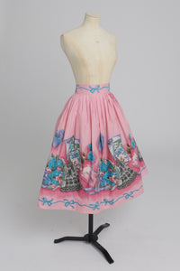 Vintage 1950s original novelty border print pink cotton skirt UK 10 S