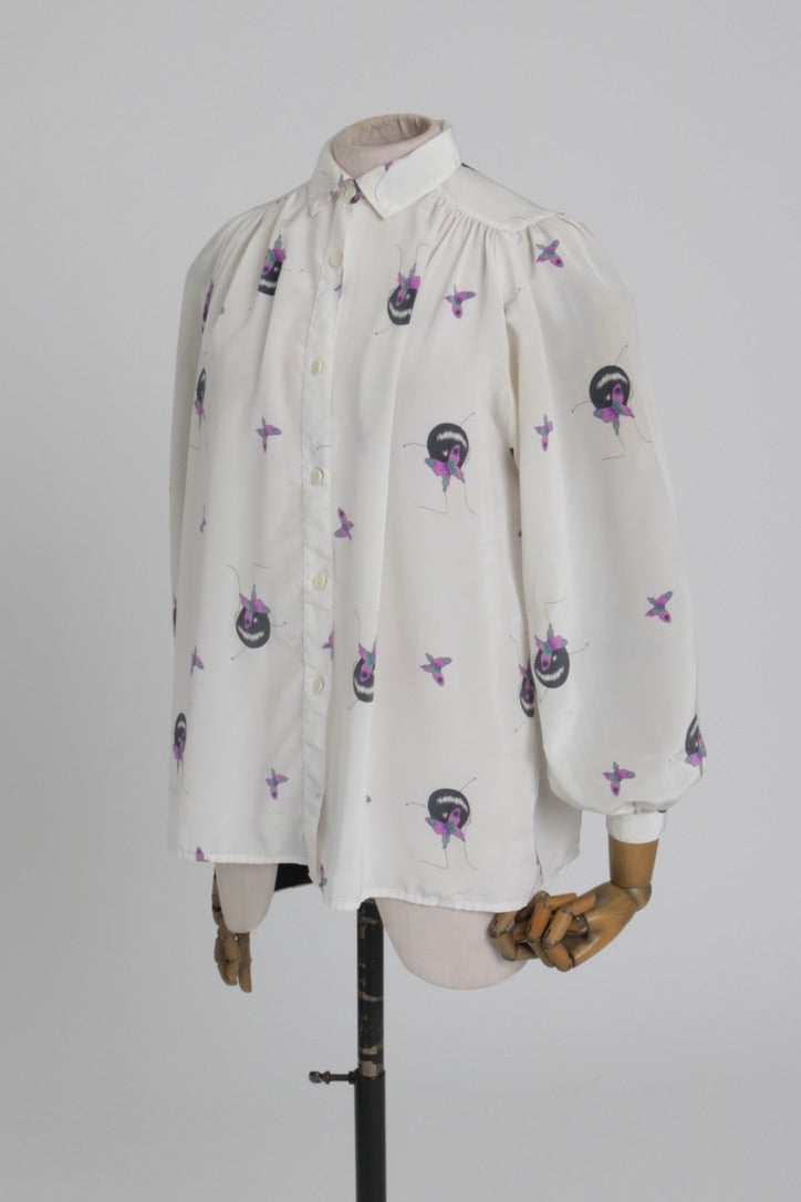 Vintage 1970s 1980s Hanae Mori novelty butterfly print blouse with balloon sleeves UK 6 XS
