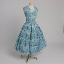 Load image into Gallery viewer, Vintage 1950s original blue fern feather leaf type print cotton dress with full skirt UK 6 8 US 2 4 XS S
