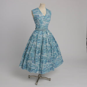 Vintage 1950s original blue fern feather leaf type print cotton dress with full skirt UK 6 8 US 2 4 XS S