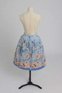 Vintage 1950s original novelty travel label print cotton skirt UK 8 S