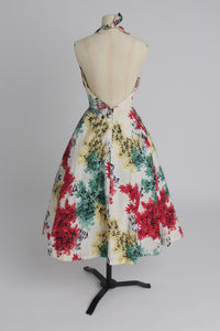 Vintage 1950s original Japanese leaf print cotton dress UK 6 XS