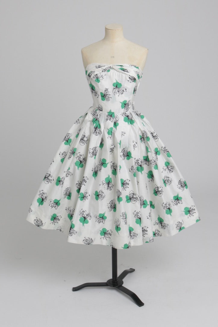 Vintage 1950s original white cotton dress with green detail by Atrima UK 6 8 XS S
