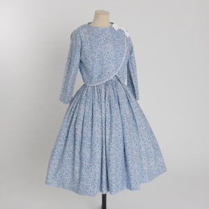 Vintage 1950s original Miss Polly Polly Peck blue graphic novelty print cotton dress and matching bolero UK 6 US 2 XS