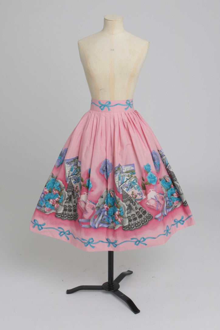 Vintage 1950s original novelty border print pink cotton skirt UK 10 S