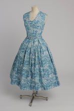 Load image into Gallery viewer, Vintage 1950s original blue fern feather leaf type print cotton dress with full skirt UK 6 8 US 2 4 XS S
