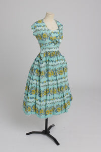 Vintage 1950s original floppy rayon floral print dress and bolero UK 6 8 XS