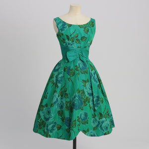 Vintage 1950s original blue green floral print taffeta dress with bow detail UK 6 US 2 XS
