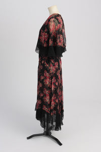 Vintage Antique 1920s original floral print chiffon art deco dress with flying panels and matching cape UK 8 10 US 4 6 S