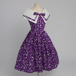 Vintage 1950s original novelty brushstroke print cotton dress with huge shawl collar UK 8 US 4 XS S