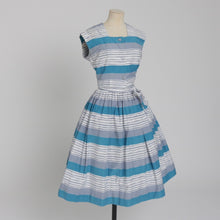 Load image into Gallery viewer, Vintage 1950s original blue and grey seaside stripe Horrockses fashions cotton dress and bolero UK 6 US 2 XS
