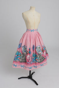 Vintage 1950s original novelty border print pink cotton skirt UK 10 S