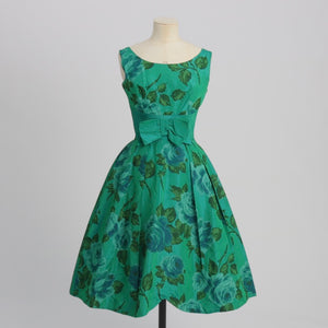 Vintage 1950s original blue green floral print taffeta dress with bow detail UK 6 US 2 XS