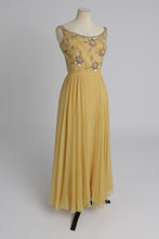 Load image into Gallery viewer, Vintage 1960s original buttercup yellow Malcolm Starr dress with beaded bodice UK 6 8 XS
