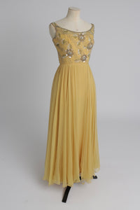 Vintage 1960s original buttercup yellow Malcolm Starr dress with beaded bodice UK 6 8 XS