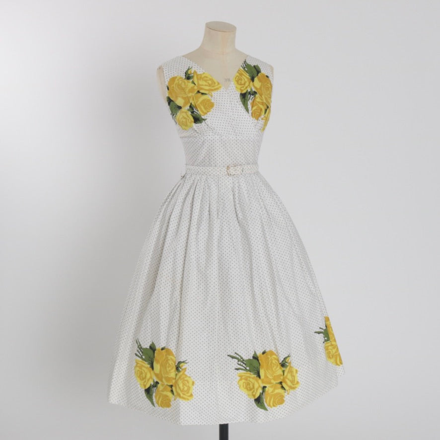 Vintage 1950s original polka dot print rose cotton dress UK 6 8 US 2 4 XS S