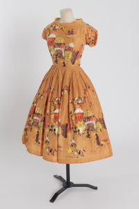 Vintage 1950s original novelty print cotton dress 'Casbah' border print UK 6 US 2 XS