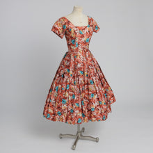 Load image into Gallery viewer, Vintage 1950s original orange floral print cotton dress by Melbray UK 6 8 US 2 4 XS S
