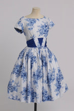 Load image into Gallery viewer, Vintage 1950s original blue and white floral print cotton dress by Remarque UK 8 US 4 S
