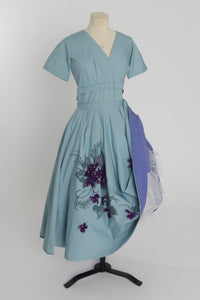 Vintage 1950s original blue floral print cotton dress with floral applique by Marjorie Montgomery UK 8 US 4 S