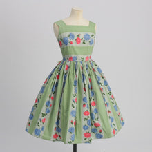 Load image into Gallery viewer, Vintage 1950s original floral print cotton stripe dress by St Michael Marks and Spencer UK 8 US 4 S
