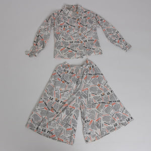 Vintage 1980s does 1950s novelty newspaper print 2 piece outfit blouse and culottes UK 8 10 US 4 6 S