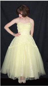 Vintage 1950s original lemon yellow lace and net cocktail dress UK 6 XS